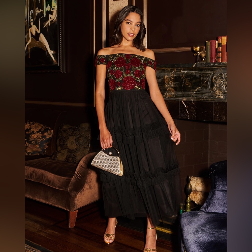 Adrianna Papell Off-Shoulder Black and Red Dress